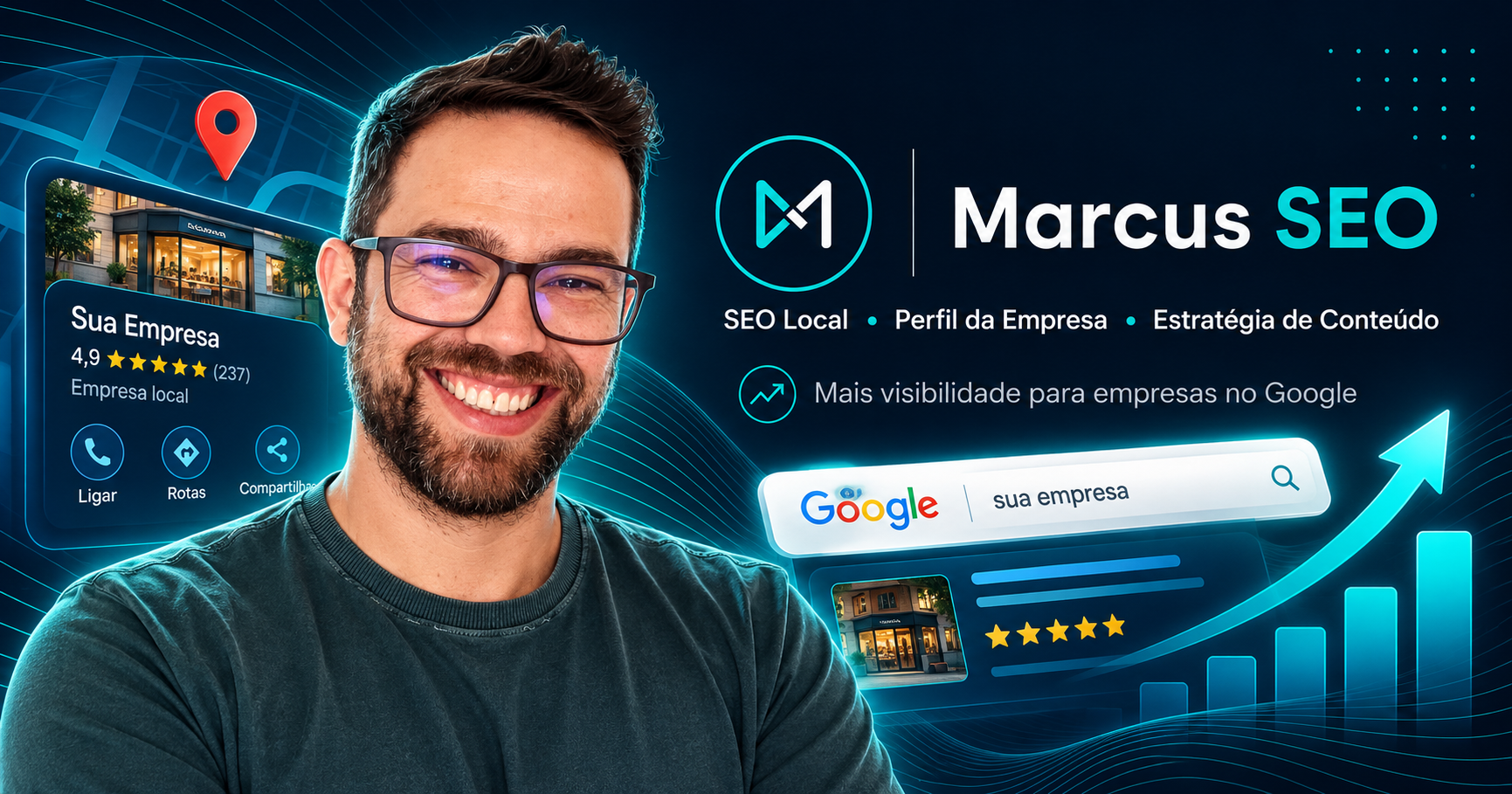 Arte institucional Marcus SEO com o texto Visibilidade que gera oportunidades